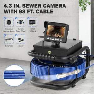 Sewer Camera 4.3 In LCD Monitor 100FT/30M HD Drain Pipe Inspection Camera 32GB - Picture 1 of 10