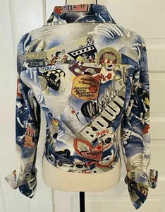 View Womens Size 6 Bowling Novelty Print Jacket Denim Blue Jean Button Down - Picture 1 of 11