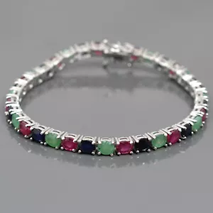 14K Rose Gold Plating Natural Ruby &Emerald Sapphire Mix Gem 925 Silver Bracelet - Picture 1 of 9