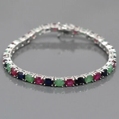 14K Rose Gold Plating Natural Ruby &Emerald Sapphire Mix Gem 925 Silver Bracelet - Image 1 of 4