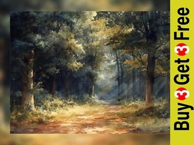 Impresión de acuarela camino bosque encantado 5"x7" sobre papel mate Foto 1 de 4