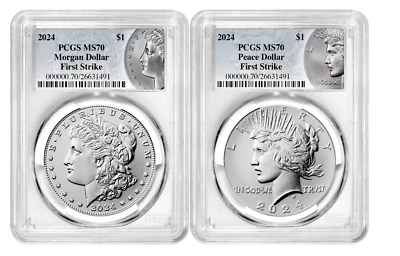 Juego de 2 monedas de dólar de plata Morgan and Peace 2024 graduación profesional MS70 FIRST STRIKE Foto 1 de 3