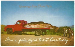 ÜBERTRIEBENER FORELLENFISCH Angeln 1950er FORD LKW Eau Claire WI Foto Postkarte - Bild 1 von 2