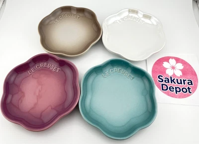 Le Creuset Mini Sphere Flower Plate 4pc SeaSalt MauvePink Nutmeg WhiteLuster New - Image 1 of 4