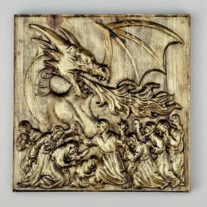 Handmade Dragon CNC Carved Bas-Relief Wooden Wall Art Fantasy Fire Scene 9.4x9.4 - Picture 1 of 3