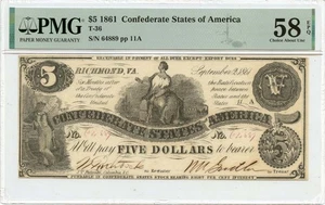 1861 $5 Confederate States of America T-36 CSA PMG AU58 EPQ Choice - Picture 1 of 2