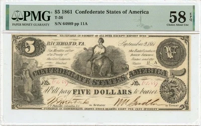 1861 $5 Confederate States of America T-36 CSA PMG AU58 EPQ Choice - Image 1 of 2