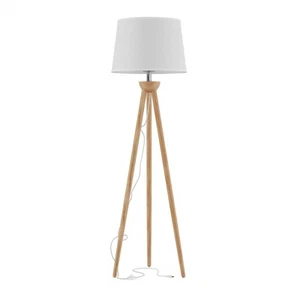 Tripod Floor Lamp Natural Oak Wood White Shade Modern Lighting LED Bulb 58 Inch - Picture 1 of 5