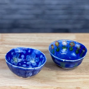 Set of 2 Hand-Painted Blue Ceramic Bowls – Floral Glossy Glazed Rustic Stoneware - Picture 1 of 5