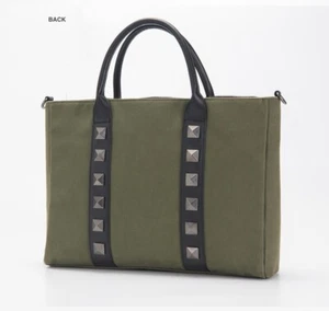 Scarsella ‘Dakota’ Olive Green Canvas Black Leather Studded Laptop Bag Carrycase - Picture 1 of 9