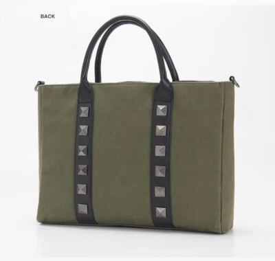 Scarsella ‘Dakota’ Olive Green Canvas Black Leather Studded Laptop Bag Carrycase - Image 1 of 4