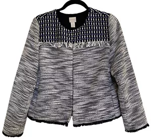 Chico's Tweed Jacket SZ 1 Small Black White Blue Fringe Hook Front - Bild 1 von 5