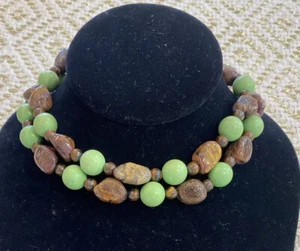 VTG 925 Silver Green & Brown Natural Beaded Double Strand choker Necklace 14" - Picture 1 of 6
