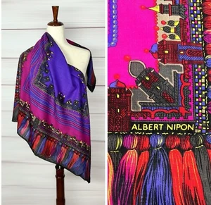 Albert Nipon Wool Square Scarf Purple Multicolor Persian Motifs Excellent 38x38 - Picture 1 of 15