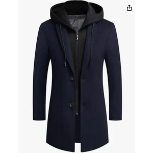 Prijouhe Men's Navy Blue Wool Coat Jacket Hoodie Trench Casual Small NEW NWT - Picture 1 of 8
