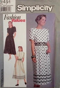 SIMPLICITY 9491 VTG 80s Blouson Dress Sew Pattern UNCUT Miss 8 10 12 14 16 18 - Picture 1 of 8