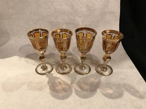 Bohemian Glass 4-Piece Set Moser Panel Glass Liqueur Glasses Gold Accent 4.5" L - Picture 1 of 11