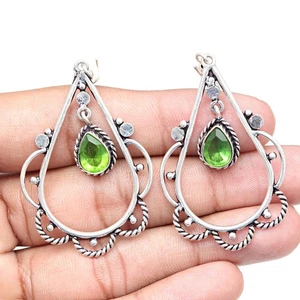 Peridot Quartz Gemstone Handmade Gift For Her Silver Jewelry Earrings 1.5'' - Picture 1 of 7