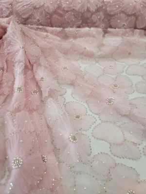 Pink Beaded 3d Floral Lace Fabric Sold By The Yard Quinceañera Bridal Prom  - Image 1 of 4