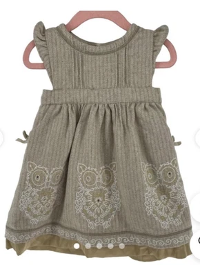 MONSOON Beige Tweed Wool Blend BABY DRESS with EMBROIDERED OWLS 3-6 mths - Image 1 of 4