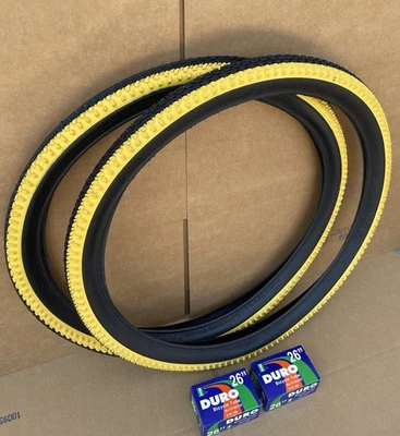 26”x 2.10 Yellow Black Stripes Bike Knobby Tires + Tubes MTB Rough Terrain NEW - Image 1 of 4