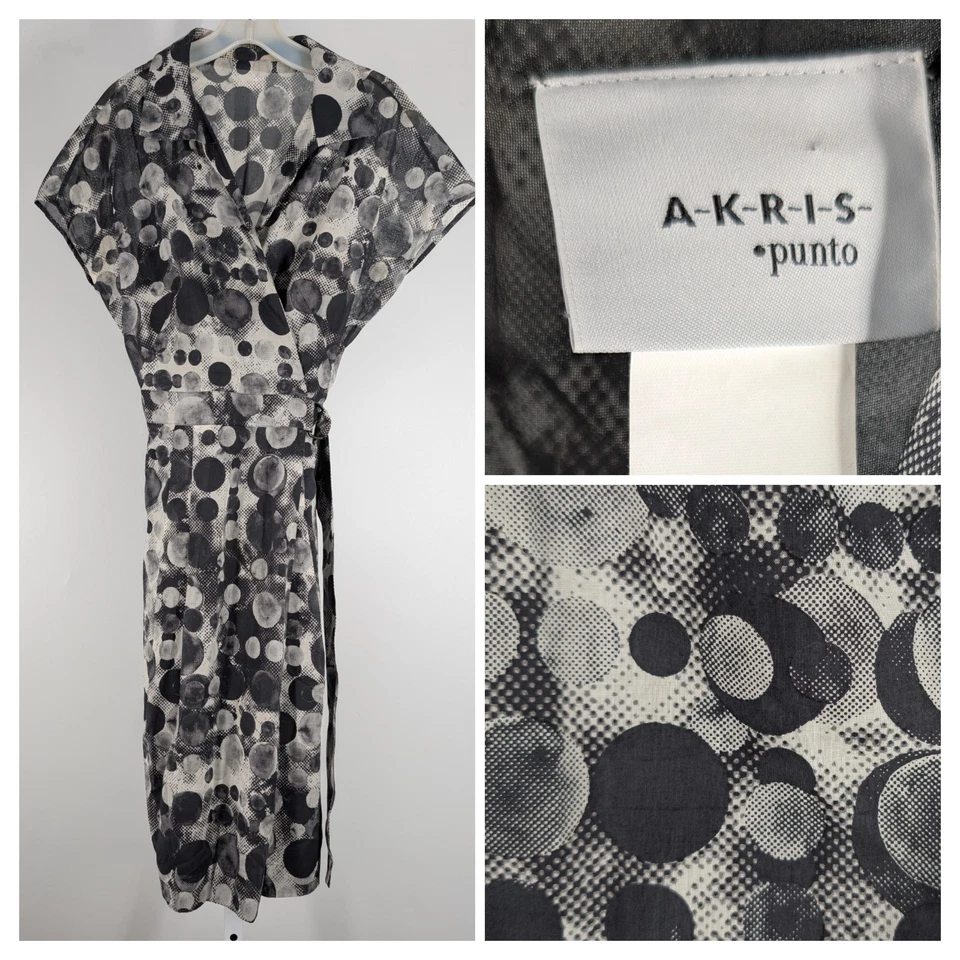 Vestido envolvente Akris Punto algodón arte estampado de puntos geométricos negro blanco Suiza OS Foto 1 de 4
