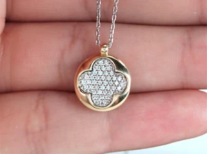 $1,950 MM 14k Yellow Gold Pave Diamond Quatrefoil Pendant Chain 17'' Necklace - Picture 1 of 7