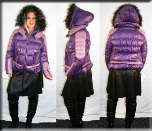 Nueva chaqueta de esquí acolchada púrpura con capucha inserciones de cuero ribete de piel talla pequeña 6 S - Imagen 1 de 4