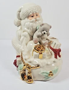Lenox Christmas Santa Figurine w/Toy Gift Bag Teddy Bear Gold Trim 5"H x 4.75"W - Picture 1 of 7