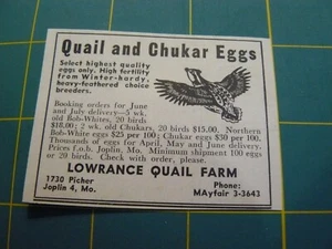 THE FARM QUARTERLY- SUMMER 1957-AD- QUAIL/CHUKAR EGGS/LOWRANCE FARM /Joplin, MO - Picture 1 of 1