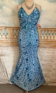 Dress 14 Blue Sequin QUIZ Ballgown Fishtail Train Stretch Evening Crossback Maxi - Picture 1 of 9