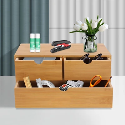 Bamboo Desk Organizer -Tabletop Mini Bamboo Desk Drawer Storage Box w/ 3 Drawers - Image 1 of 4