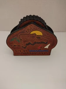 6 Pc Leather Embossed Coasters & Holder Set Rep. Dominicana Scalloped Edge - Picture 1 of 17
