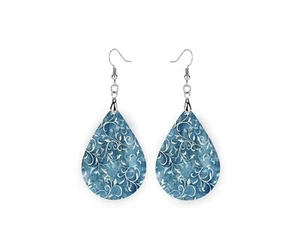Denim Vines Wood Dangle Teardrop Print Earrings Jewelry - Picture 1 of 8
