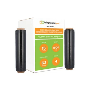 4 Rolls Opaque Black 15" x 1500 Ft. 63 Gauge Cast Hand Pallet Stretch Wrap - Picture 1 of 7