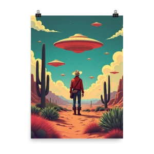 Póster retro vaquero OVNI arte impresión ciencia ficción desierto paisaje alta calidad - Imagen 1 de 5