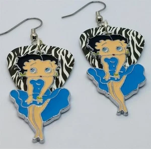 Betty Boop in Blue Charm Guitar Pick Earrings with Surgical Steel Earwires - Picture 1 of 6