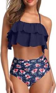 Tempt Me Women Two Piece Swimsuits High Waisted Bikini Ruffle Tummy Control XS - Picture 1 of 6