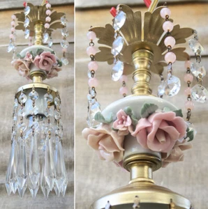 1 Porcelain small lamp PINK barbola Rose Peach Brass Swag plugin vintage light - Picture 1 of 9