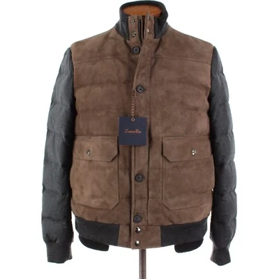 Zanella NWT Wool / Goat Suede Quilted Down Jacket Size Medium US In Gray & Brown - Image 1 of 4