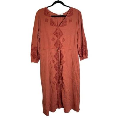 Lucky Brand Midi Dress Sz Large Rust Cotton Gauze Bohemian Embroidered Floral - Image 1 of 4