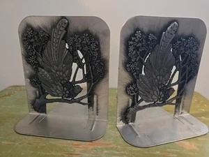 Pair VTG Bird and Floral Bookends Rare Designs by Metzke Made in USA 1980 Pewter - Picture 1 of 6