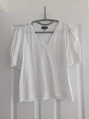ME+EM white puff sleeve ruffle smocked white V-neck cotton t-shirt size 12 - Image 1 of 4