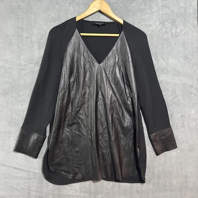 Lafayette 148 女式人造皮革丝绸束腰上衣,尺寸 4 Edgy Statement Hipster — 第 1/4 张图片