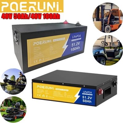 POERUNI 48V 50Ah 100Ah LiFePO4 Lithium Battery Deep Cycles Built-in BMS For Golf Cart RV