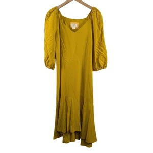 Maeve Anthropologie Womens Artemis Midi Dress sz 12 Mustard Yellow Puff Sleeve - Picture 1 of 13