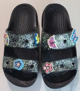 Crocs Classic Glitter 2 Strap Sandals Size J3 Black Silver Metallic w/6 Jibbitz - Picture 1 of 7