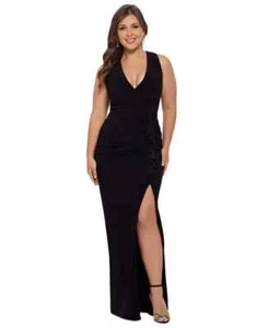 B&A By Betsy & Adam Plus Size Plunge-Neck Ruched Sleeveless Gown Women's 20W - Picture 1 of 16