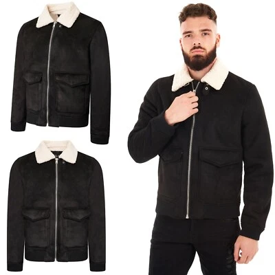 Mens Sherpa Fleece Lined Jacket Padded Borg Faux Suede Heavy Aviator Winter Coat - Image 1 of 4