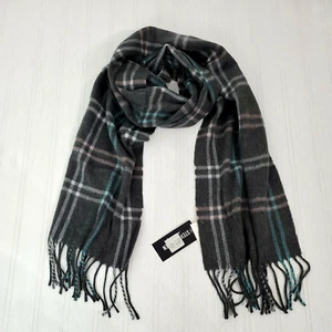 Steve Madden Womens Scarf Grey Plaid Muffler Fringe White 70" Blue Made Italy  - Picture 1 of 6